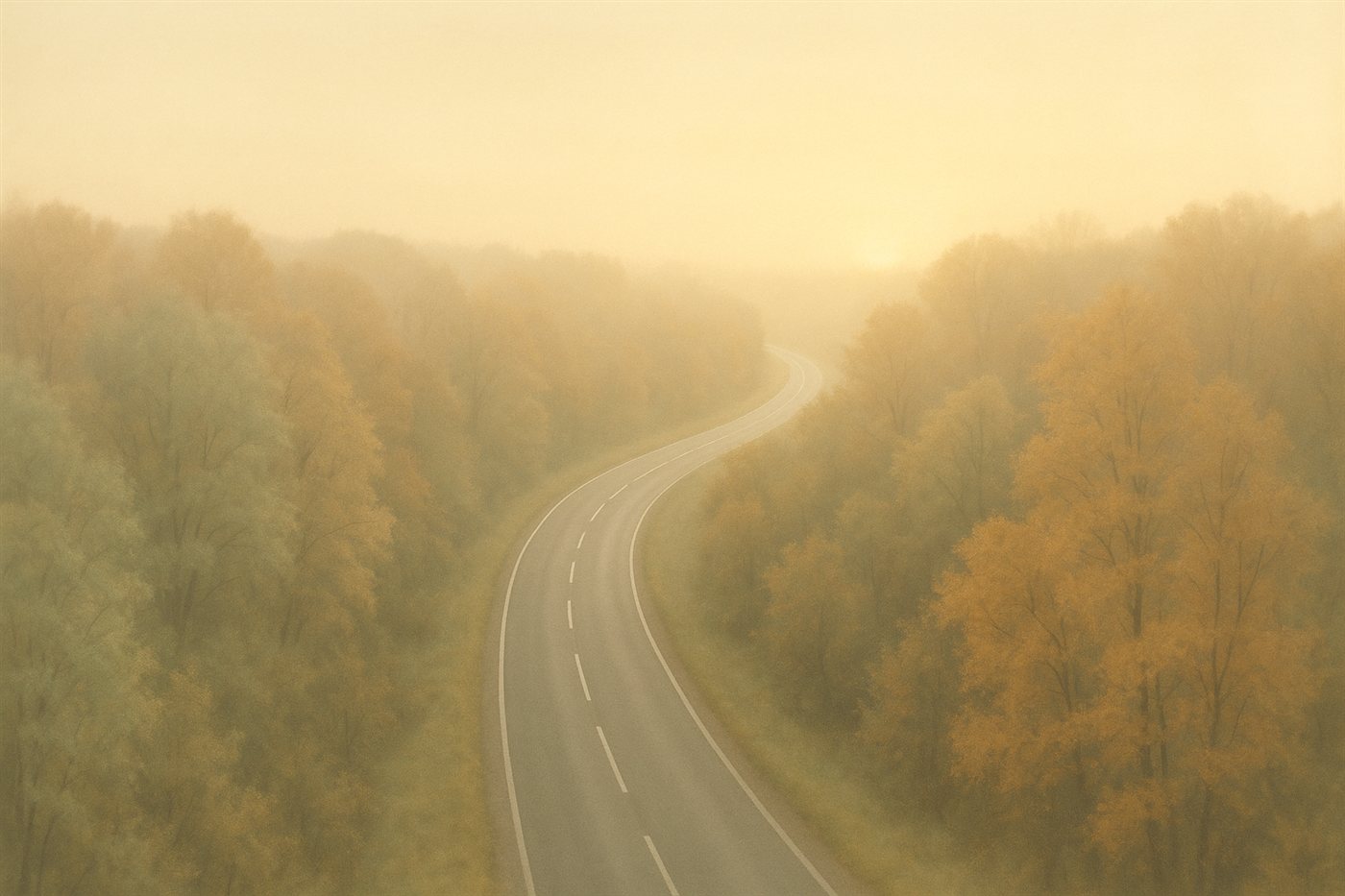 A winding road through soft autumn trees, leading toward warm light